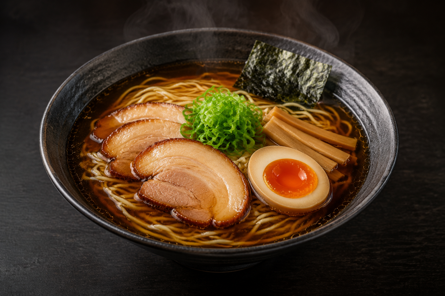 湯気の立つ本格醤油ラーメン